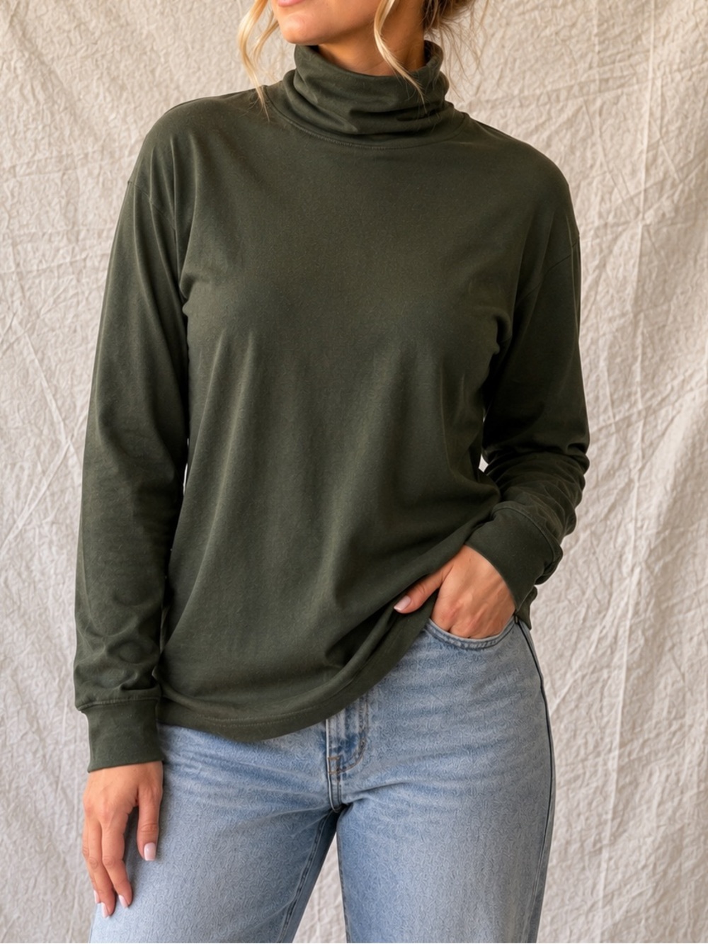 Vintage L.L.Bean Olive Green Turtleneck Long Sleeve Top Large